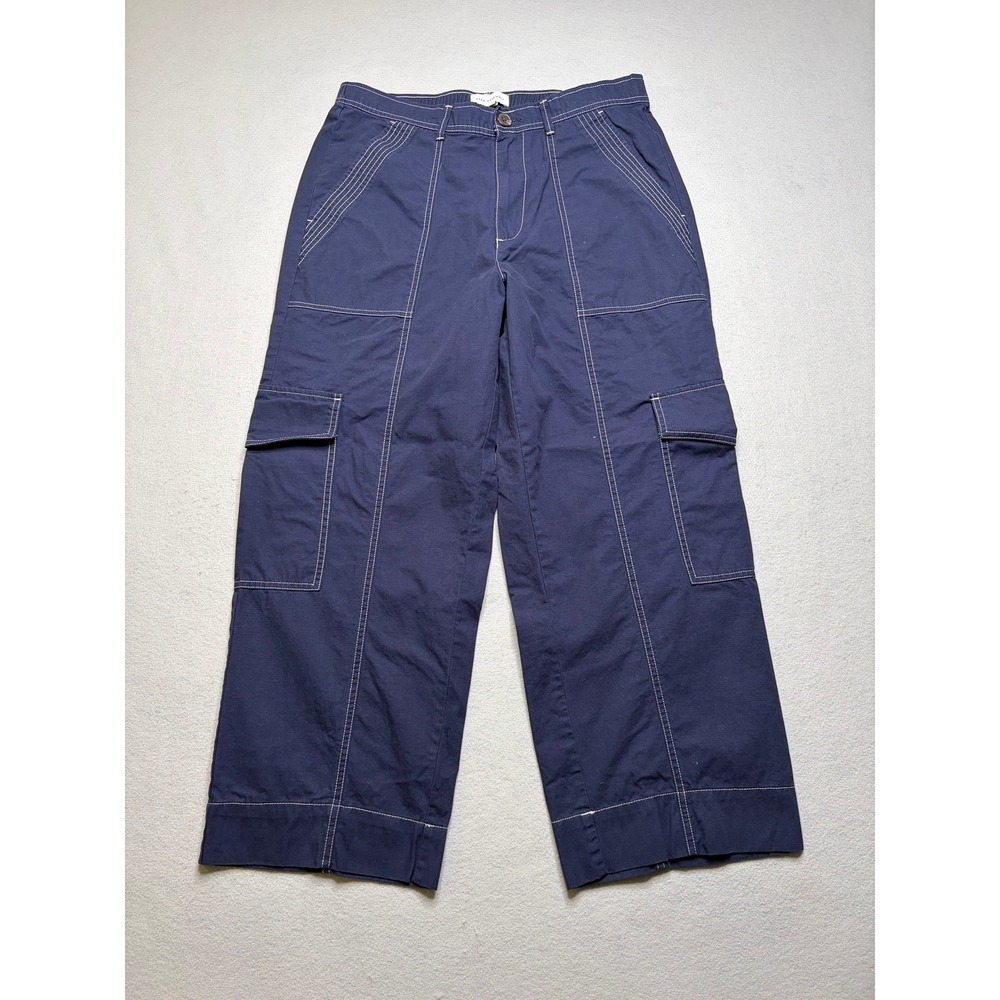 Free Assembly Cargo Pants Women L Blue Wide Leg Contrast‎ Stitch Cotton Utility